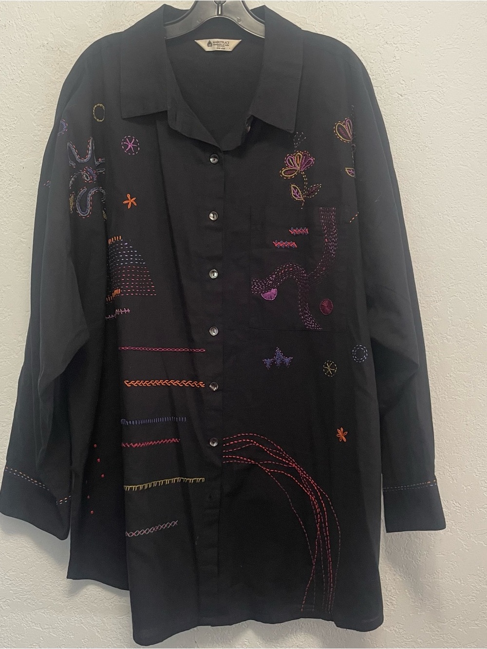Marketplace of India Tunic Top 3X/4X Button Up Batwing Embroidered Lagenlook